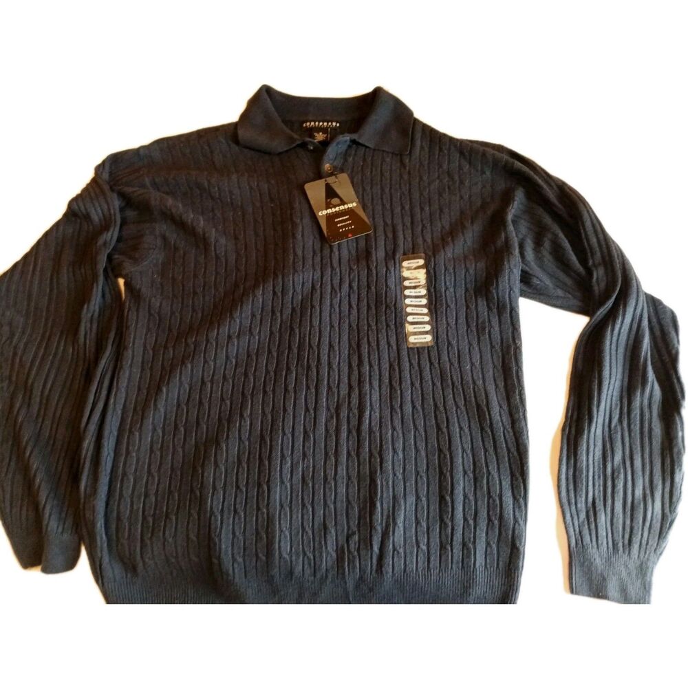 Consensus Sportswear Mens Navy Sweater Cable Knit Collared Sweater Sz M NWT
